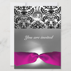 INVITATION ROSE BLANC FUCHSIA DAMASK GEM STONE MONOGRAM