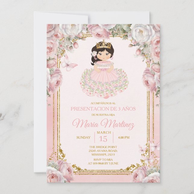 Invitation Rose Blanc Mexicaine Niña Presentación De Tres Año (Devant)