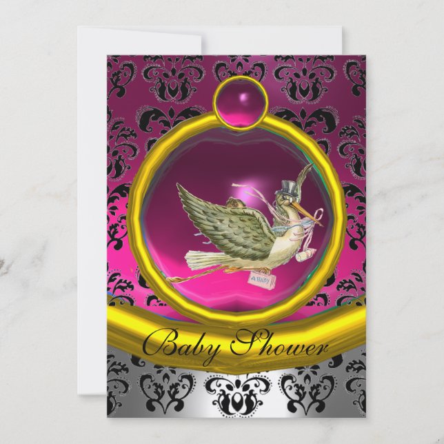 INVITATION ROSE BLANC OR DAMASK STORE BABY SHOWER MONOGRAM (Devant)
