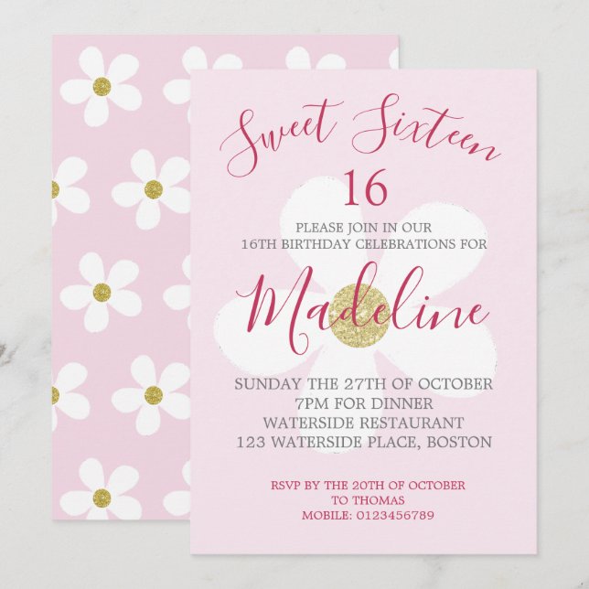 Invitation Rose blanc simple marguerite Sweet sixteen chic (Devant / Derrière)