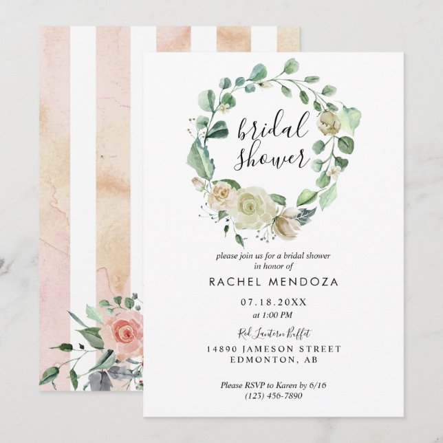 Invitation Rose blanche Aquarelle de couronne Elegant Romance (Devant / Derrière)