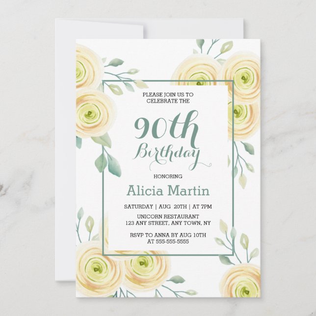 Invitation Rose blanche chic Eucalyptus verdure 90e anniversa (Devant)