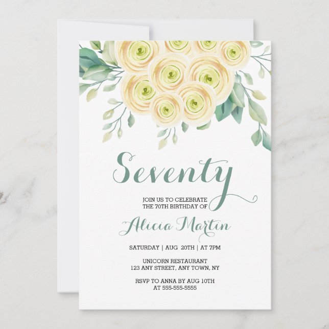 Invitation Rose blanche chic Flora Vert 70e anniversaire (Devant)