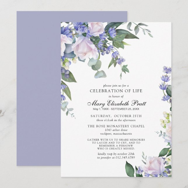 Invitation Rose blanche Dusty bleu Floral Célébration de la v (Devant / Derrière)