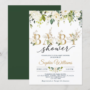 Invitation Rose blanche et Baby shower Eucalyptus or