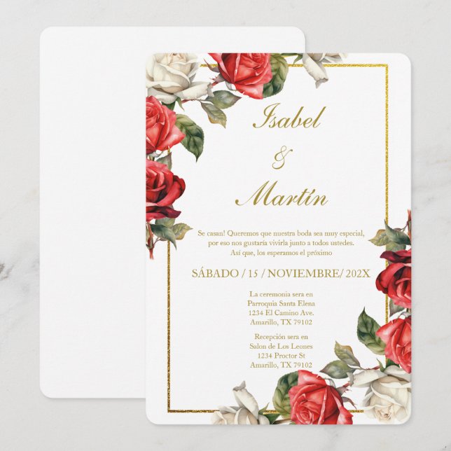 Invitation Rose blanche et rouge Élégant mariage espagnol (Devant / Derrière)