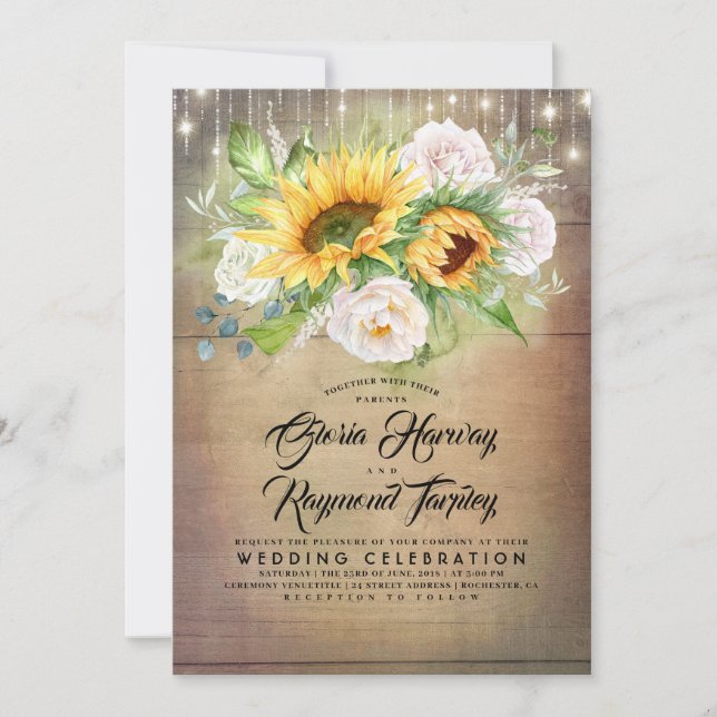 Invitation Rose blanche et tournesol Mariage de automne rusti (Devant)