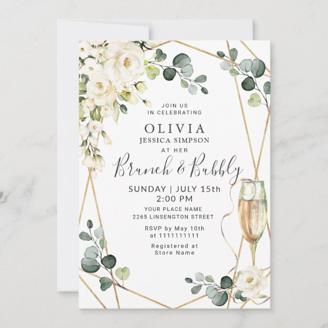 Invitation Rose blanche Eucalyptus Vert Brunch & Bubbly (Devant)