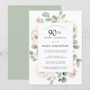 Invitation Rose blanche Fleur Eucalyptus 90e fête d'anniversa