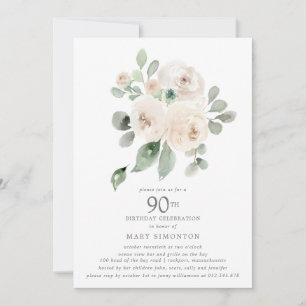Invitation Rose blanche Fleur Eucalyptus 90e fête d'anniversa