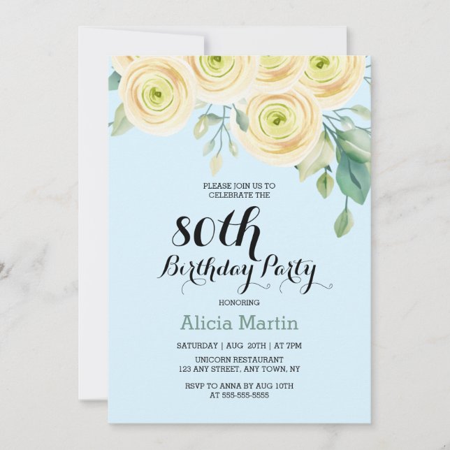 Invitation Rose blanche Flora Eucalyptus bleu 80e anniversair (Devant)