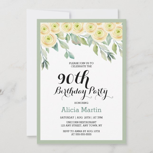 Invitation Rose blanche Flora Eucalyptus Vert 90e anniversair (Devant)