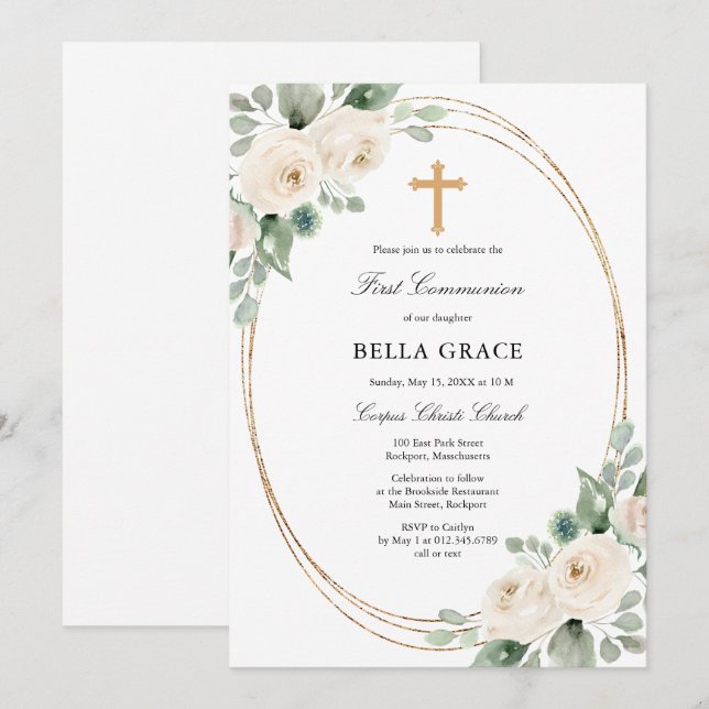 Invitation Rose Blanche Floral Première Sainte Communion Invi (Devant / Derrière)