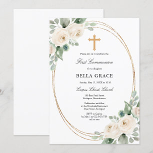 Invitation Rose Blanche Floral Première Sainte Communion Invi