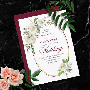 Invitation Rose blanche Formel Bourgogne Floral Mariage