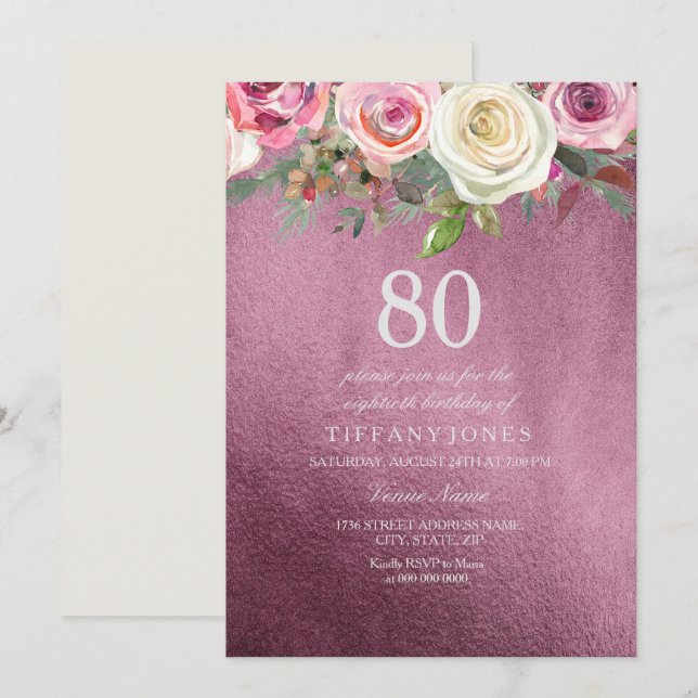 Invitation Rose blanche rose bordeaux huile 80e anniversaire  (Devant / Derrière)