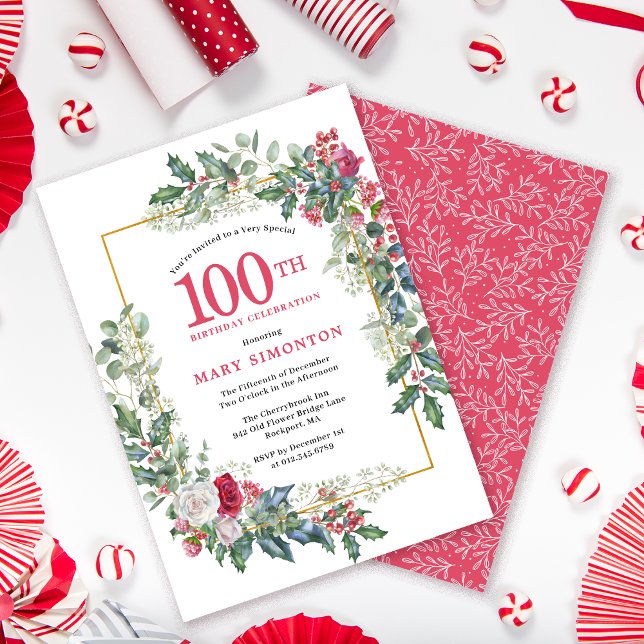 Invitation Rose blanche rouge Floral Holly 100e anniversaire (Need a matching welcome sign. Party supplies. Message me.)