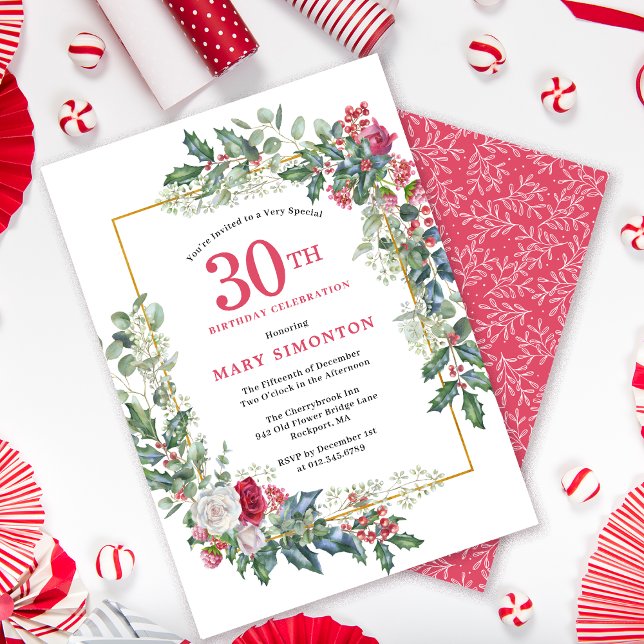 Invitation Rose blanche rouge Floral Holly 30e fête d'anniver (Need a matching Welcome sign? Message me!)