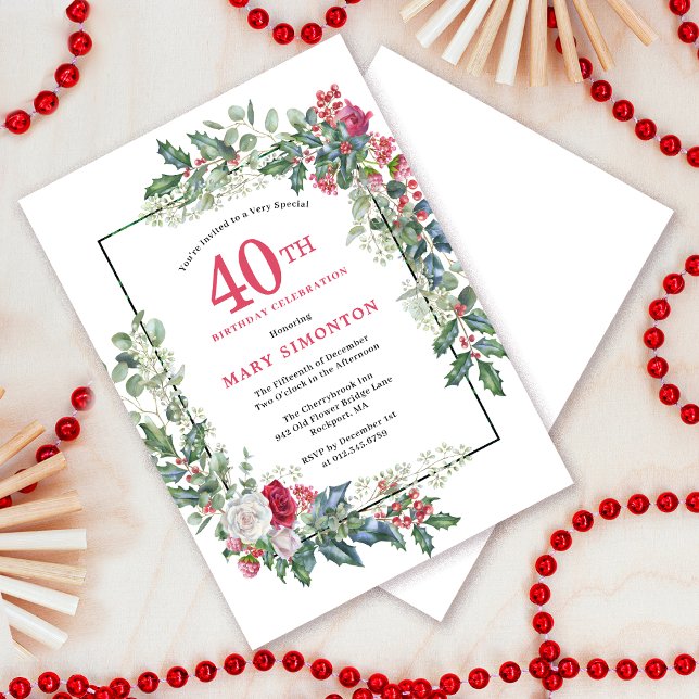 Invitation Rose blanche rouge Floral Holly 40e fête d'anniver (Need a matching welcome sign? Message me!)