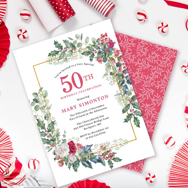 Invitation Rose blanche rouge Floral Holly 50e fête d'anniver (Need a matching welcome sign? Party supplies. Message me!)