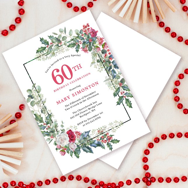 Invitation Rose blanche rouge Floral Holly 60e fête d'anniver (Need a matching welcome sign? Message me!)