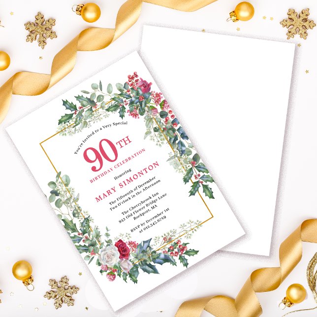 Invitation Rose blanche rouge Floral Holly 90e fête d'anniver (Need a matching welcome sign? Party supplies. Messaage me!)