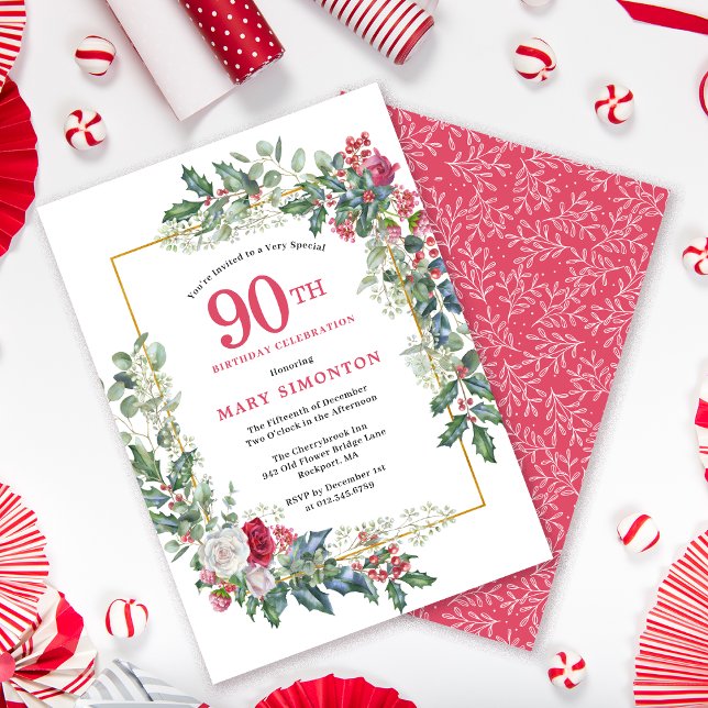 Invitation Rose blanche rouge Floral Holly 90e fête d'anniver (Need a matching Welcome Sign? Message me!)