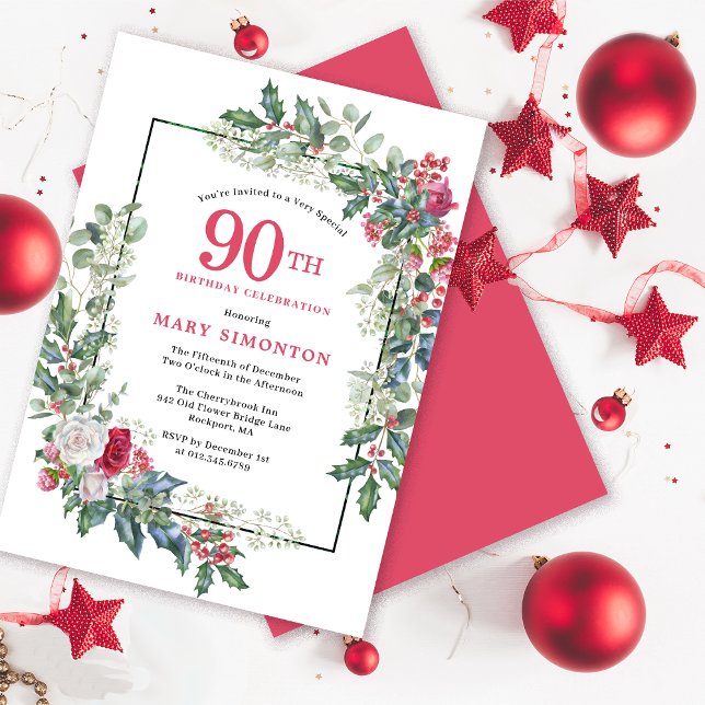 Invitation Rose blanche rouge Floral Holly 90e fête d'anniver (Need a matching welcome sign? Coordinating party supplies available. Message me!)