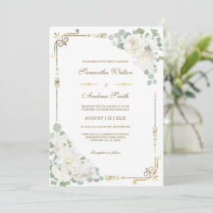 Invitation Rose blanche Sage Vert Mariage or