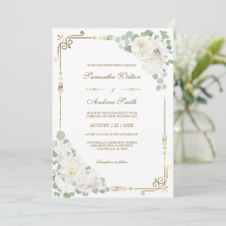 Invitation Rose blanche Sage Vert Mariage or