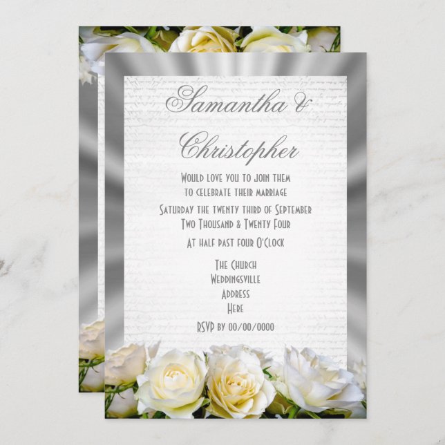 Invitation Rose blanche sur mariage gris argenté (Devant / Derrière)