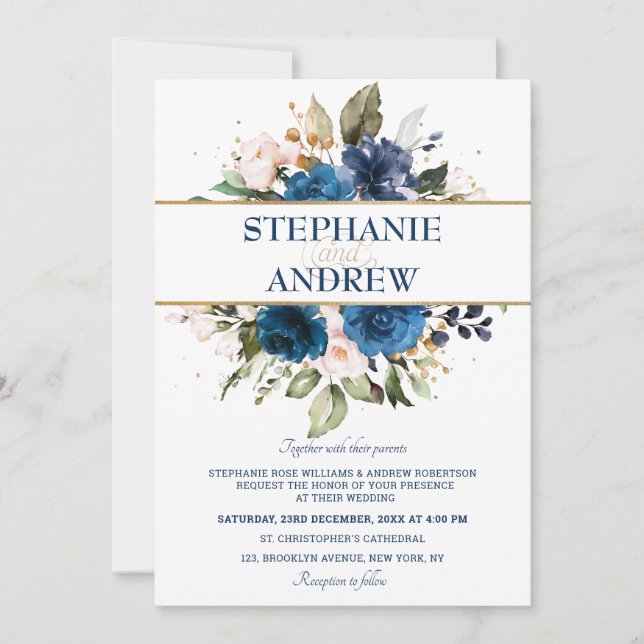 Invitation Rose bleu bleu bleu marine Floral Russe Mariage ca (Devant)