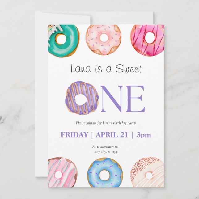 Invitation Rose Bleu Bleu Donut 1er anniversaire (Devant)