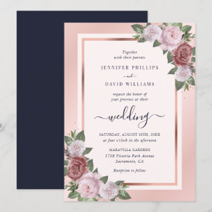 Invitation Rose bleu bleu marine Mariage floral or 