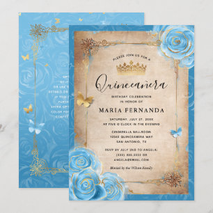 Invitation Rose bleu clair et or Elégant Quinceanera