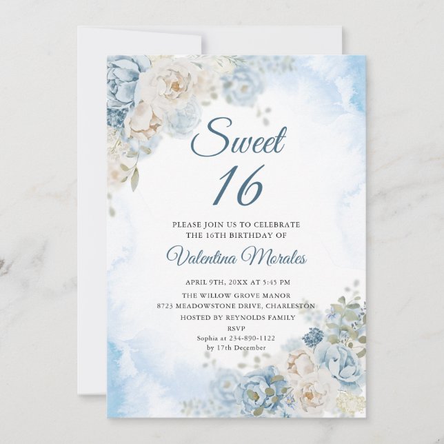 Invitation Rose bleu Dusty Fleurs d'ivoire Sweet sixteen 16 (Devant)