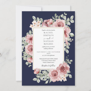 Invitation Rose bleu Dusty Floral Gold Mariage