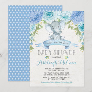 Invitation Rose bleu Elephant Baby shower garçon Jungle