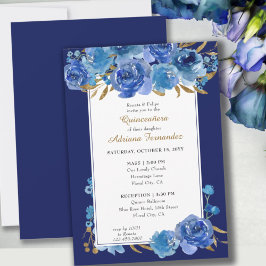 Invitation Rose bleu et feuille d'or Quinceanera et masse