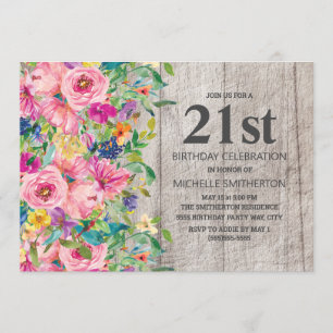 Invitation Rose Bleu Floral Bois rustique 21e fête d'annivers