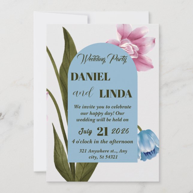 Invitation Rose, bleu mariage de fleurs d'aquarelle, feuilles (Devant)