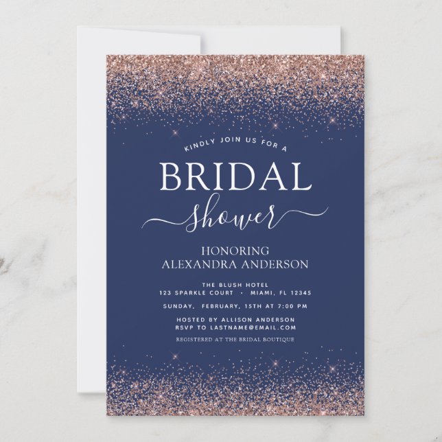 Invitation Rose bleu marine Gold Blush Pink Parties scintilla (Devant)