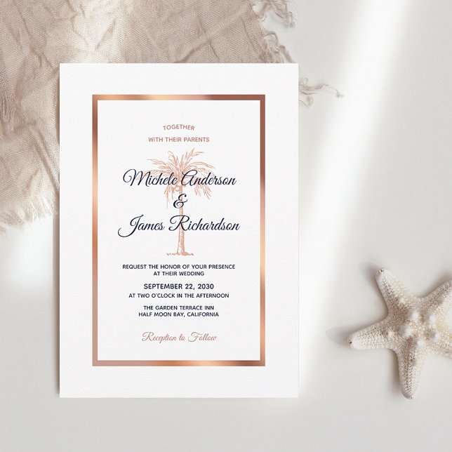 Invitation Rose bleu marine Gold Palm Tree Tropical Mariage (Créateur téléchargé)