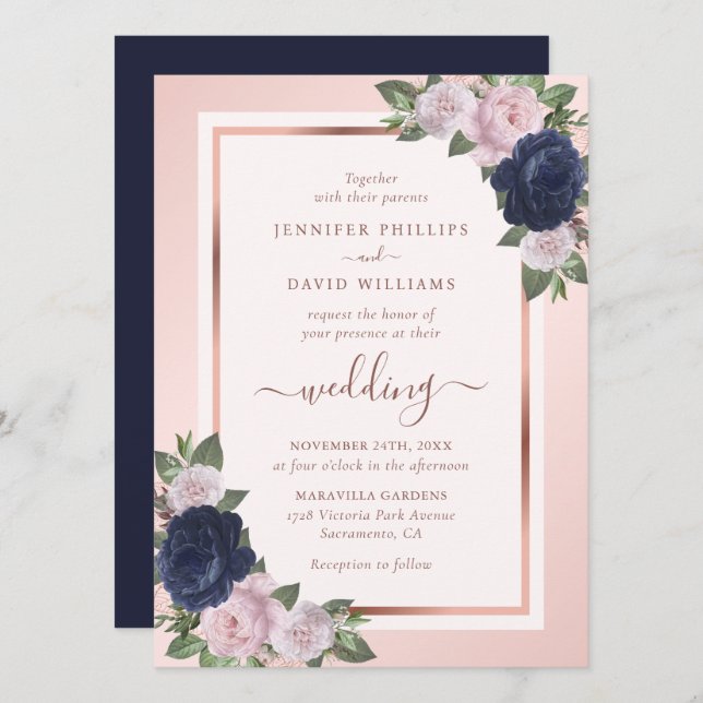 Invitation Rose bleu marine Mariage floral Blush or (Devant / Derrière)