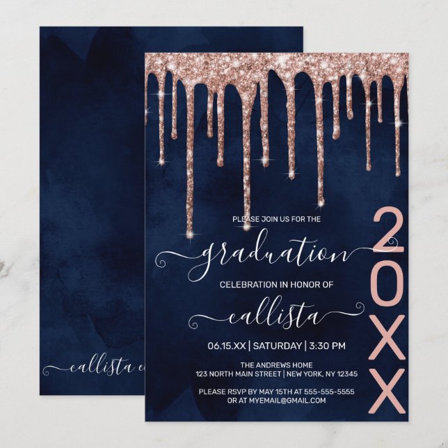 Invitation Rose bleu marine Parties scintillant d'or Drivers  (Devant / Derrière)