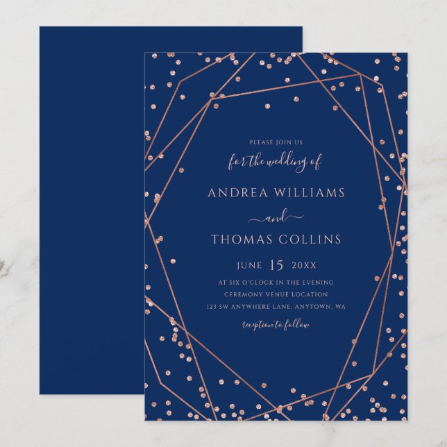 Invitation Rose bleu marine Parties scintillant d'or Mariage  (Devant / Derrière)
