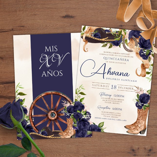 Invitation Rose bleu marine Vintage Charro Ouest Quinceanera (Créateur téléchargé)
