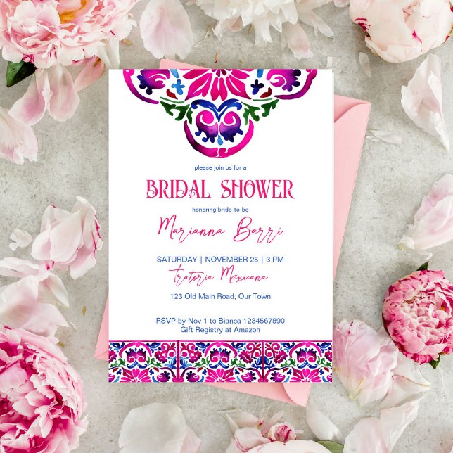 Invitation Rose bleu mexicain tuiles modèle douche nuptiale (Pink blue Mexican Talavera tiles bridal shower editable template invitation instant digital download)