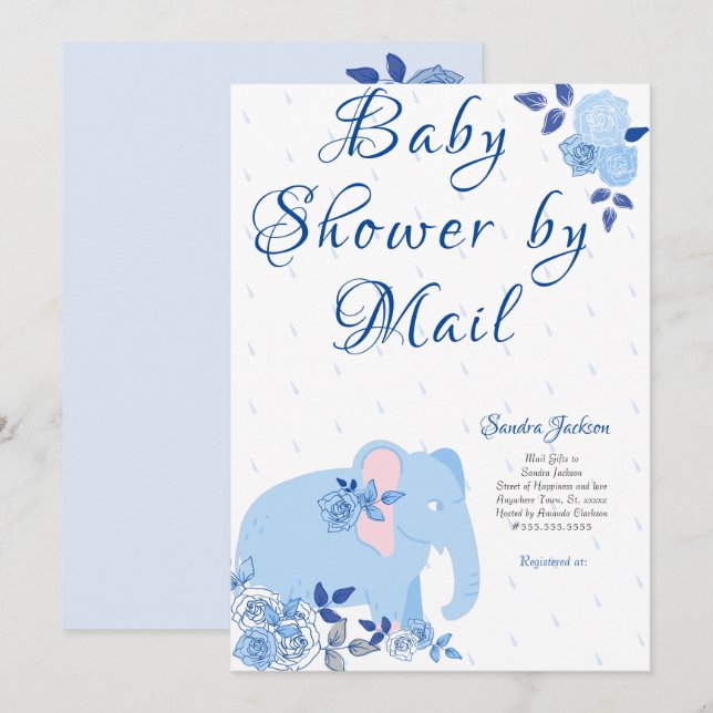 Invitation Rose bleu mignon Elephant Baby shower garçon (Devant / Derrière)