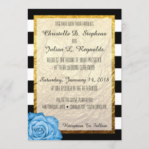 Invitation Rose bleu moderne Faux Gold Foil Mariage rayé